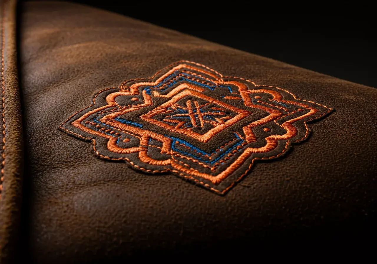 Detailed embroidery in leather showing intricate stitched pattern on premium leather material.